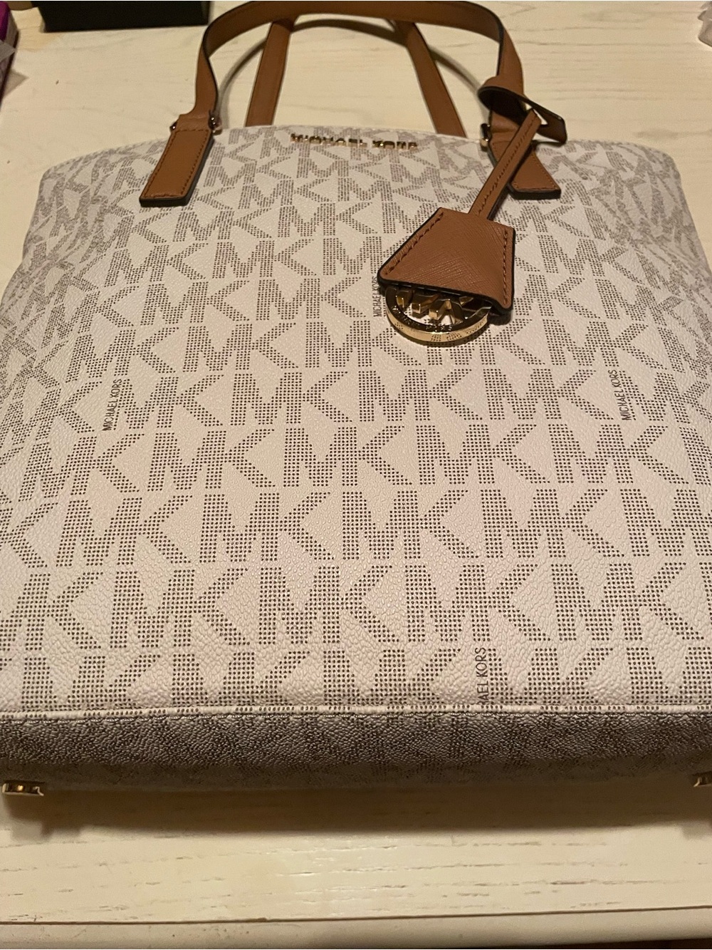 Michael Kors White MK Logo Tote with Tan Trim and Gold Hardware